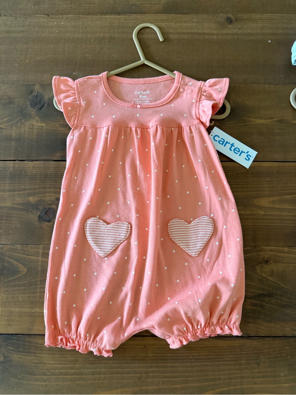 NWT Carter's Pink Polka Dot Heart Pocket Romper